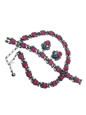 Crown Trifari 1950’s pink berry AB rhinestone necklace bracelet earrings set